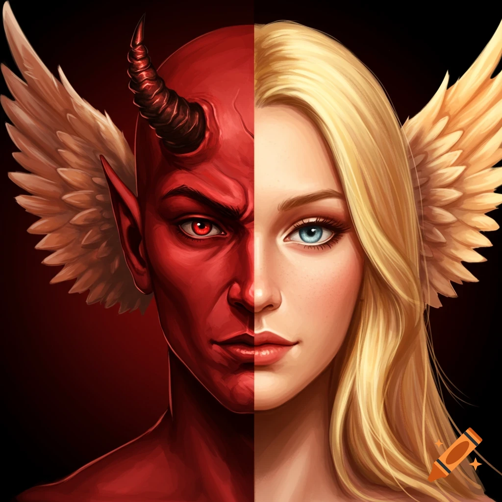 Face split in half, one side red devil with a horn, the other side a woman with blonde hair, with wings.