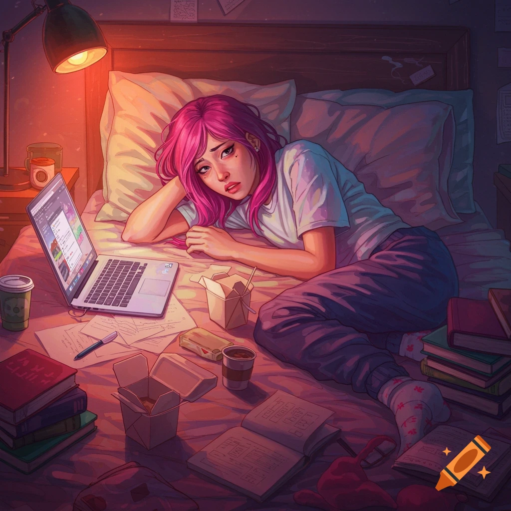A young woman with pink hair looks stressed on a cluttered bed with a laptop, books, and takeout.