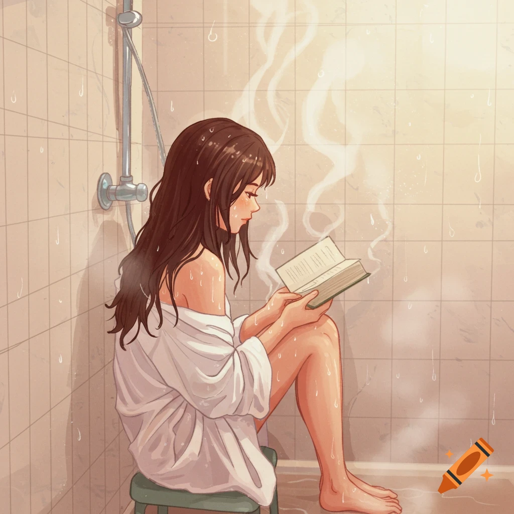 Digital illustration of a woman sitting in a shower reading a book
