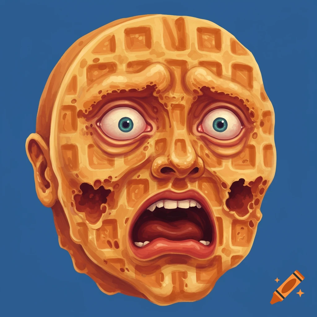 A frightened human face is depicted, made of waffle with holes.