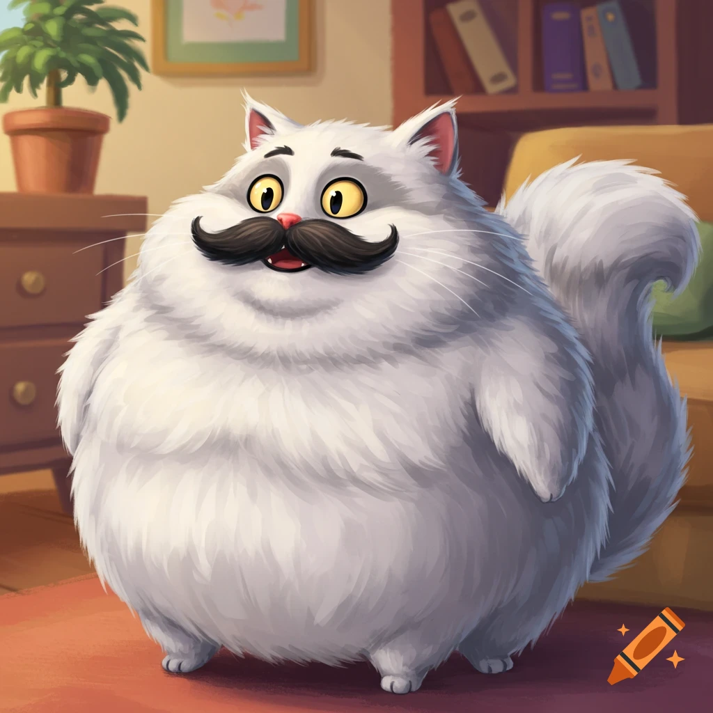 A fluffy white fat cat with a large black handlebar mustache sits in a room.