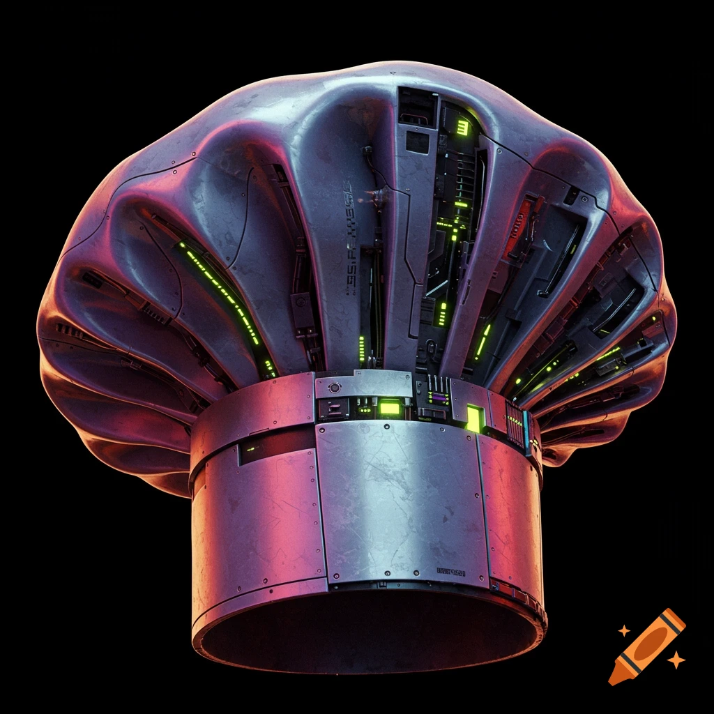 A metallic, robotic chef hat with glowing green lights.