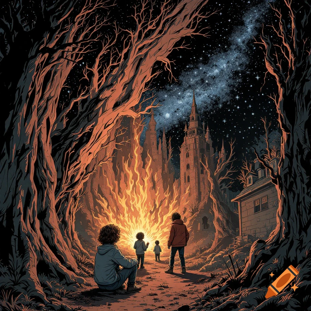 Comic book style illustration of three figures looking at a large fire in a dark forest with a spooky building under a starry sky.