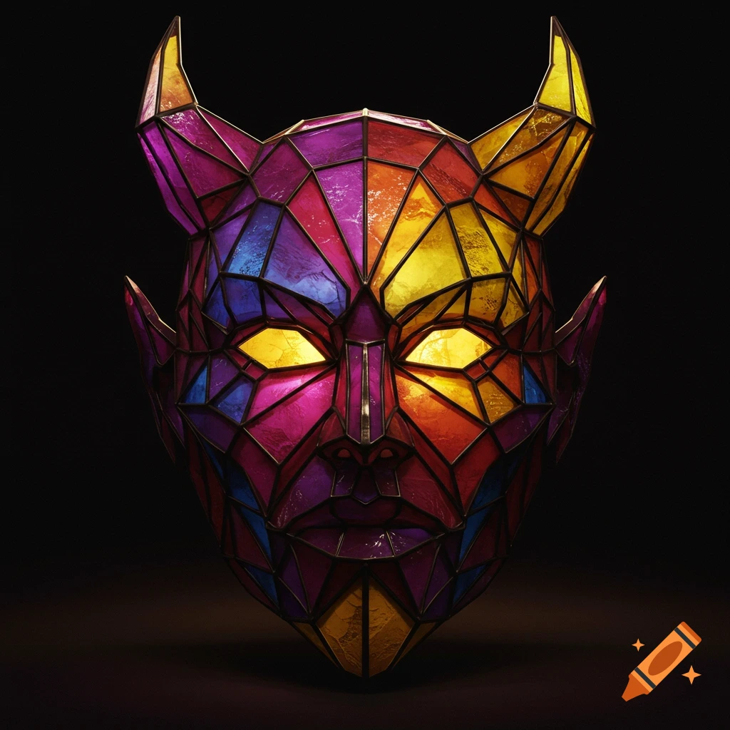 Angular abstract devil mask made of colorful stained glass with glowing yellow eyes on a dark background.