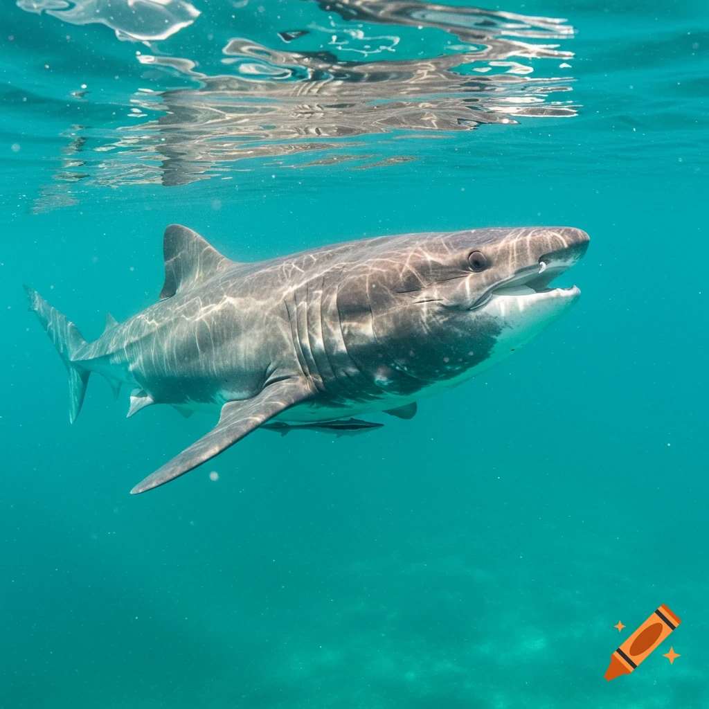 A shark swims underwater in clear blue water.