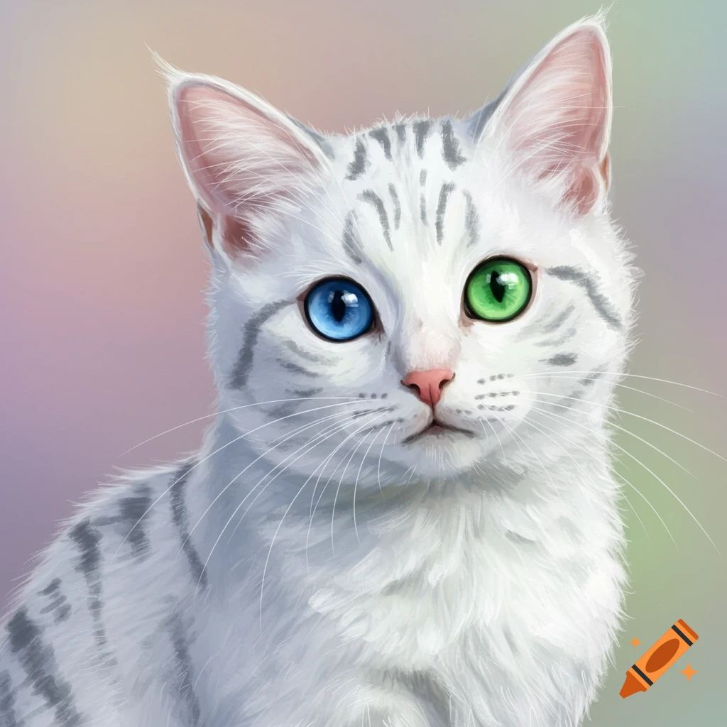 A white cat with silver tabby markings and one blue eye and one green eye.