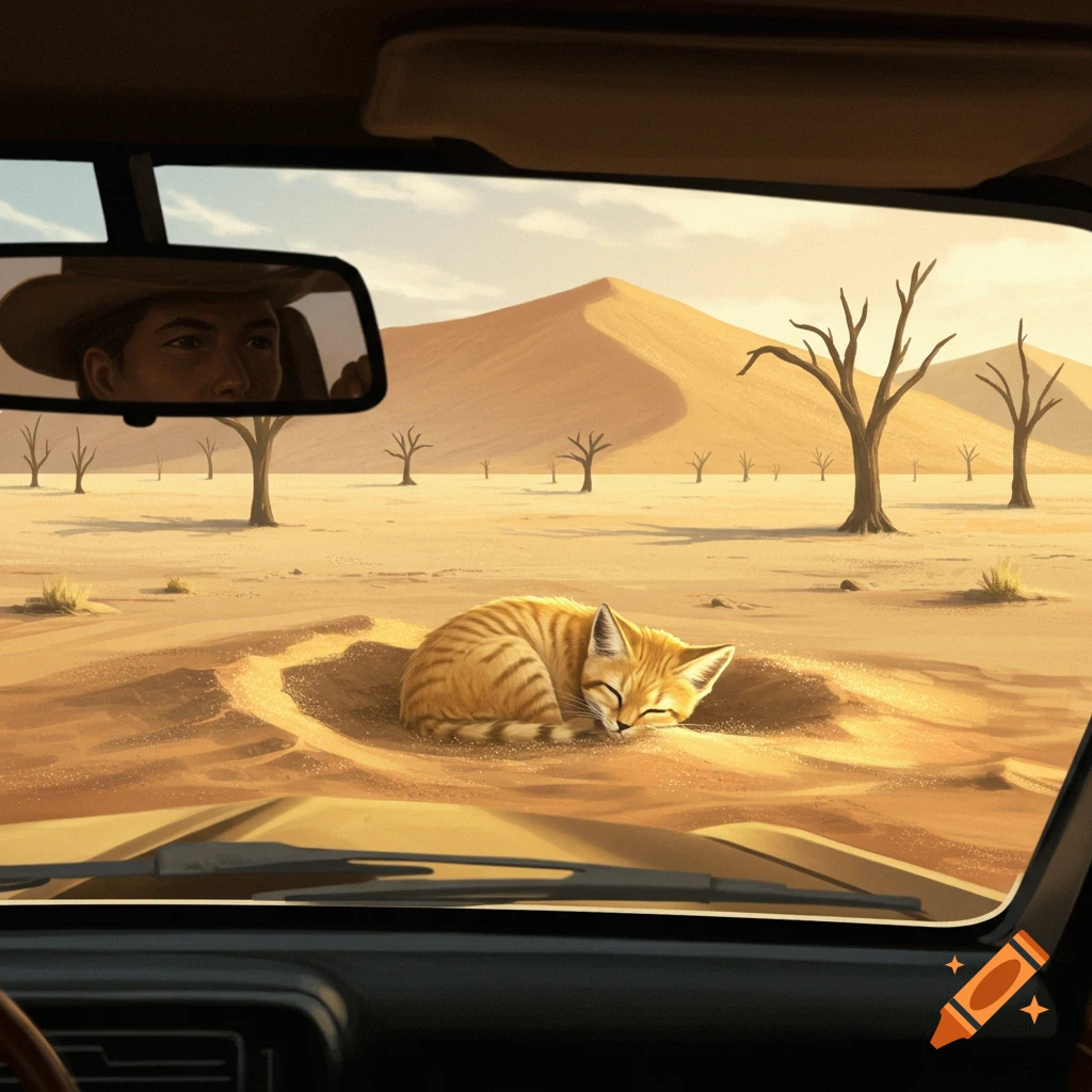 From a car's perspective, a sleeping sandcat is shown in a dry desert landscape with dead trees.