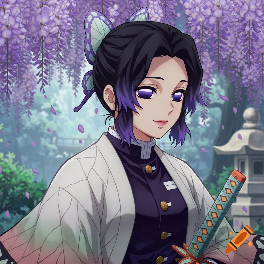 Anime character with butterfly hair ornaments and purple-tipped hair, wearing a white and purple outfit, holding a sword in a garden with wisteria.
