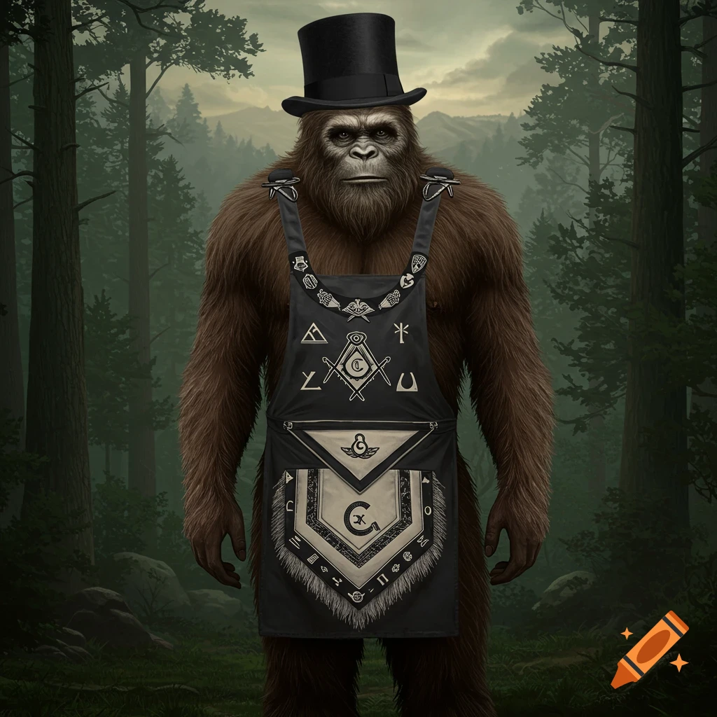 A large, furry Sasquatch wearing a black top hat and a black Masonic apron with various symbols and characters stands in a forest clearing.