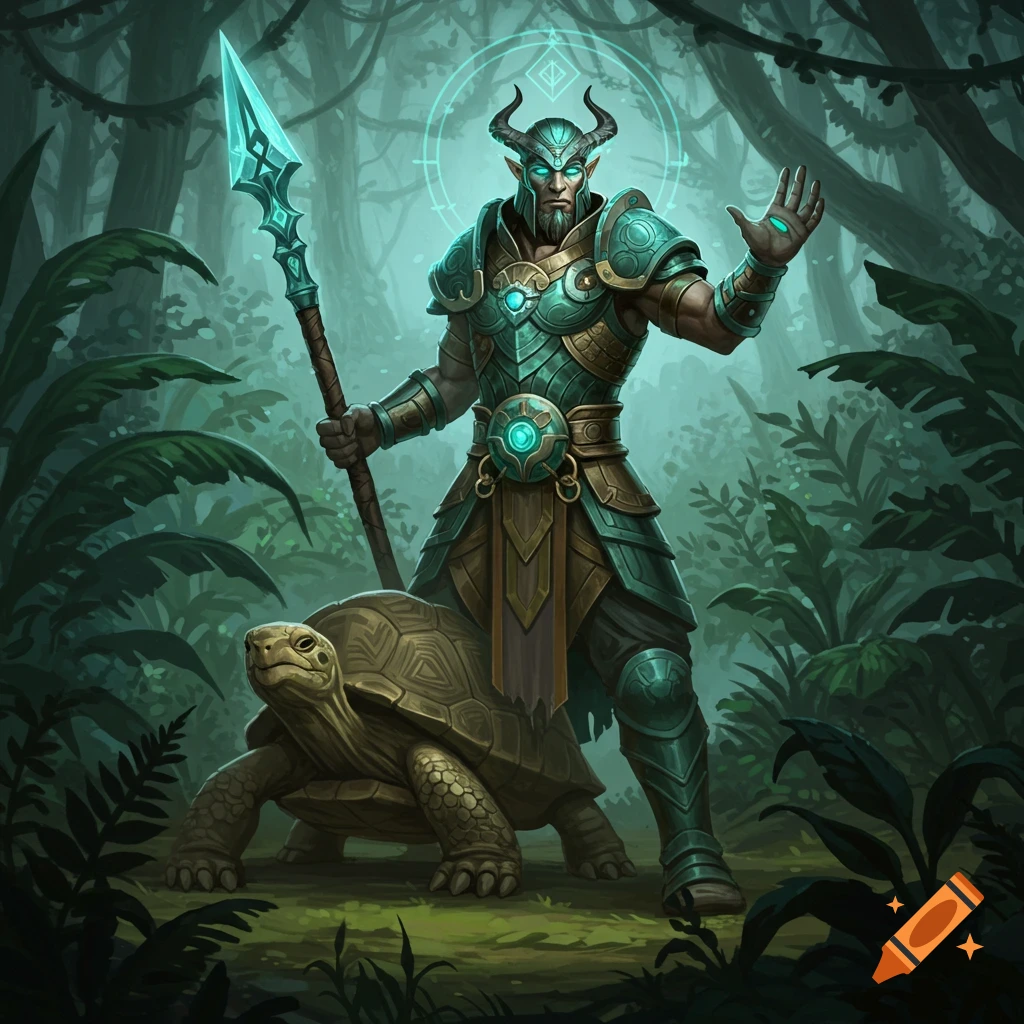 A powerful fantasy warrior in teal armor stands with a large tortoise in a jungle.