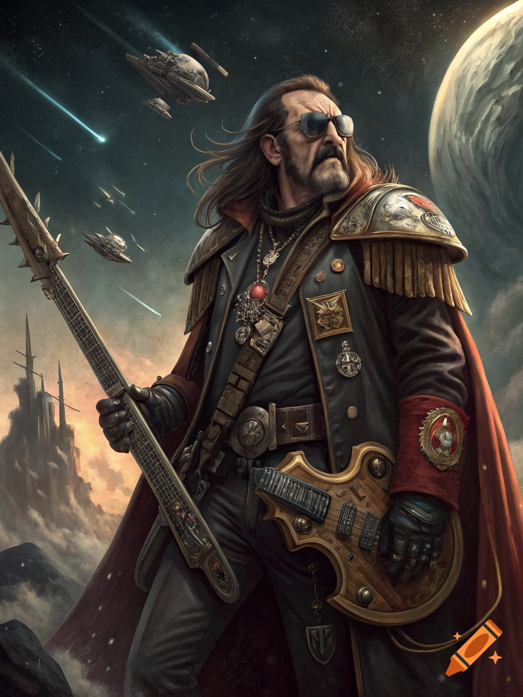 A man resembling Lemmy Kilmister in a sci-fi fantasy rogue trader outfit with a guitar, standing on a planet surface with spaceships and a planet in the background.