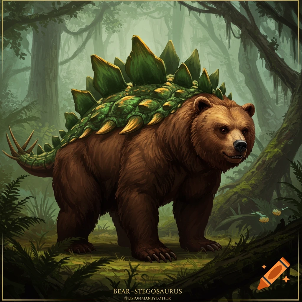 A brown bear body with green stegosaurus plates and tail spikes stands in a lush forest.