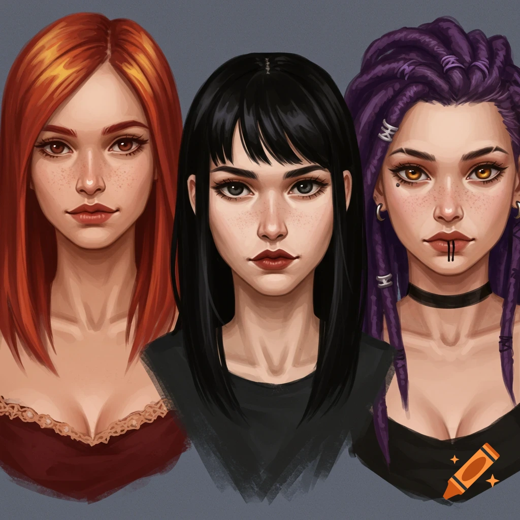 Portraits of three women with varying hair colors and styles.