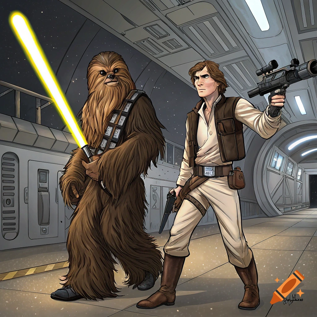 Chewbacca holds a yellow lightsaber, Han Solo holds a blaster in a spaceship corridor, illustration style.