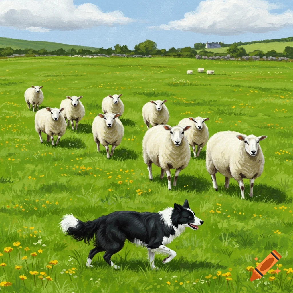 A border collie herds a flock of sheep in a green field under a blue sky.