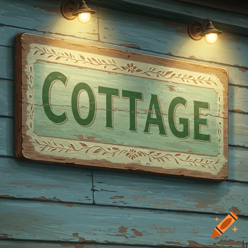 A sign reading COTTAGE mounted on a blue wooden wall, lit by lamps.