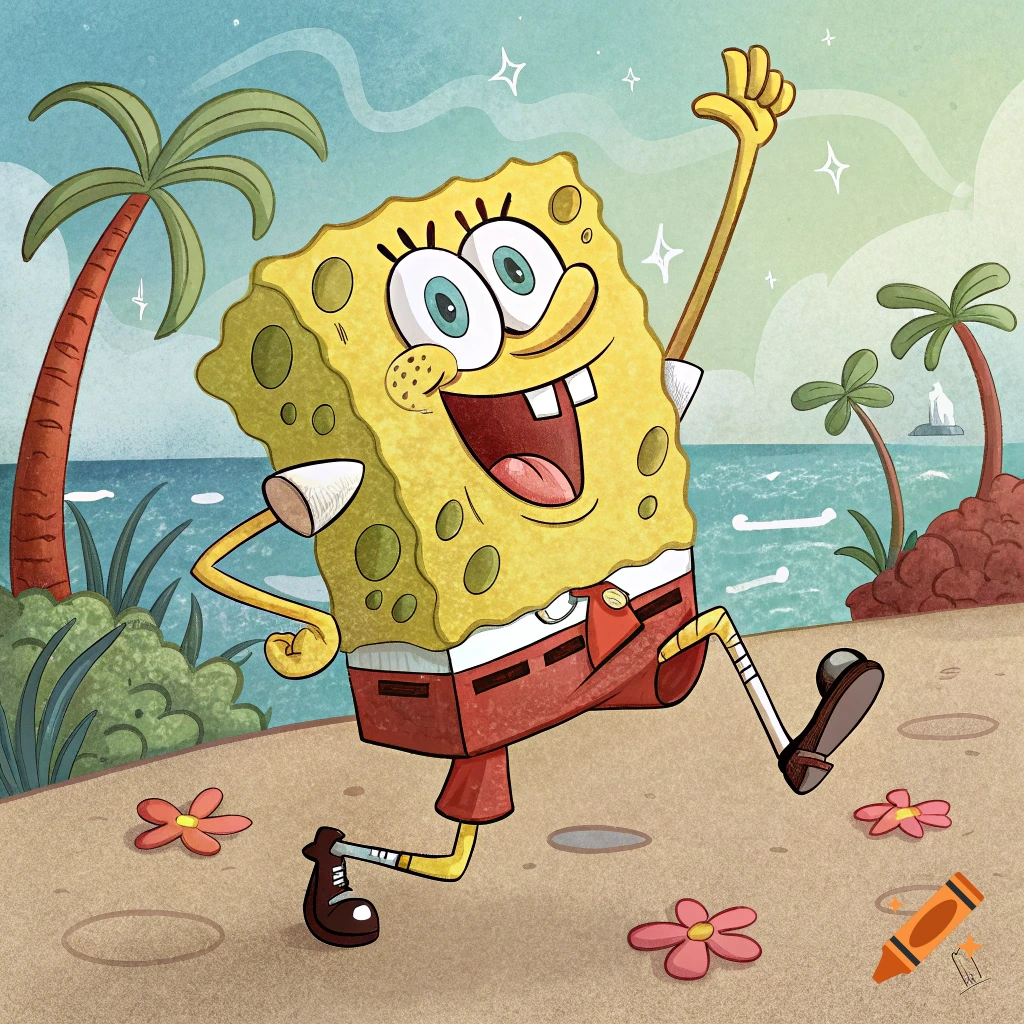 Spongebob Squarepants happily dancing on a sandy beach with palm trees.