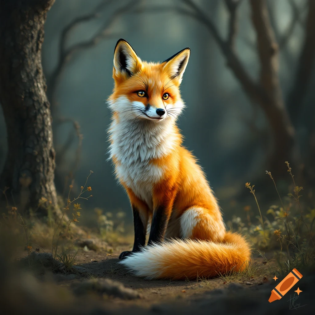 A red fox sits in a forest.