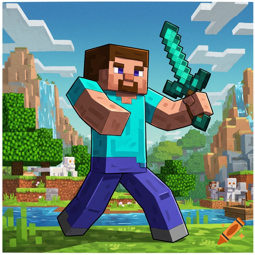 Minecraft character Steve holding a diamond sword in a blocky landscape.