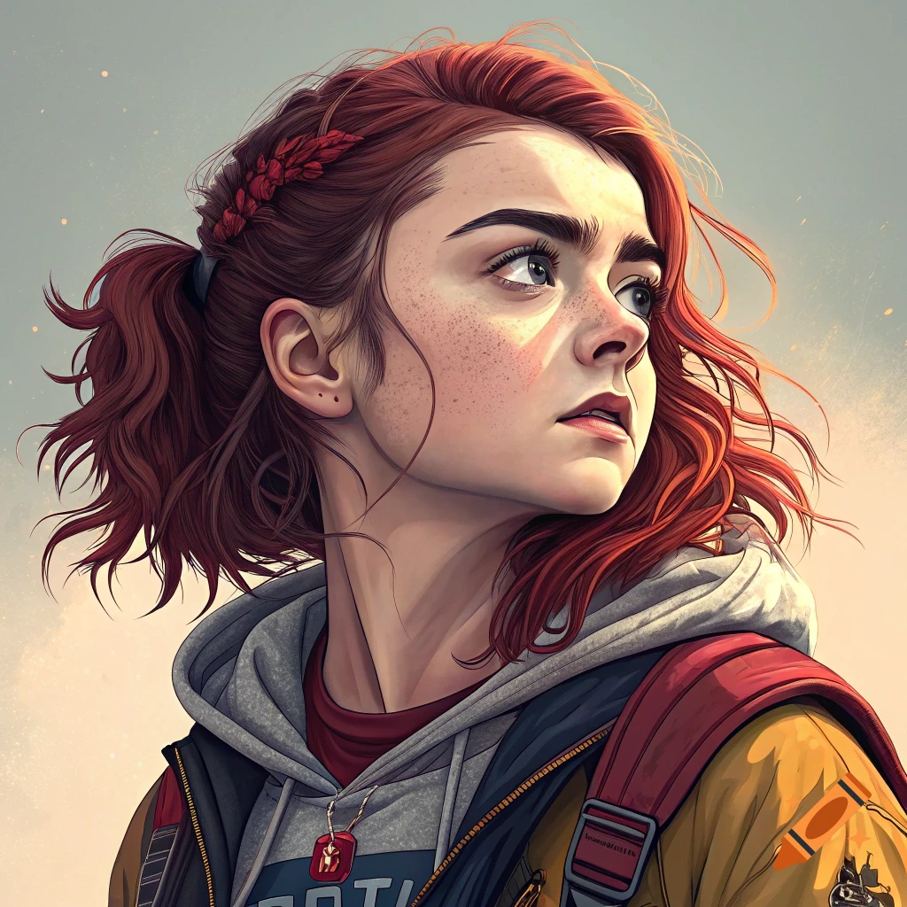 Illustrative portrait of a young woman with red hair and freckles wearing a hoodie and backpack, looking upwards.
