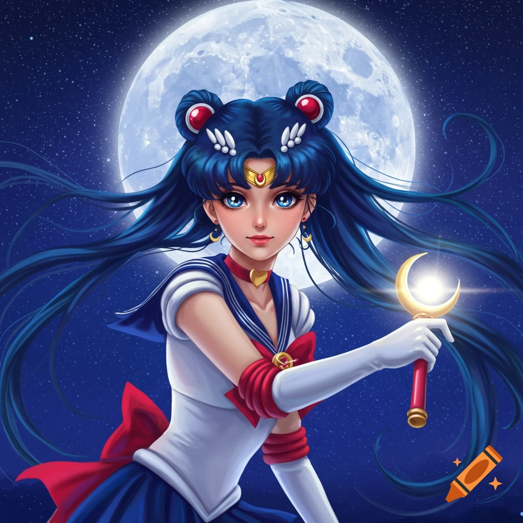 Sailor Moon holding her wand under a full moon and starry sky.