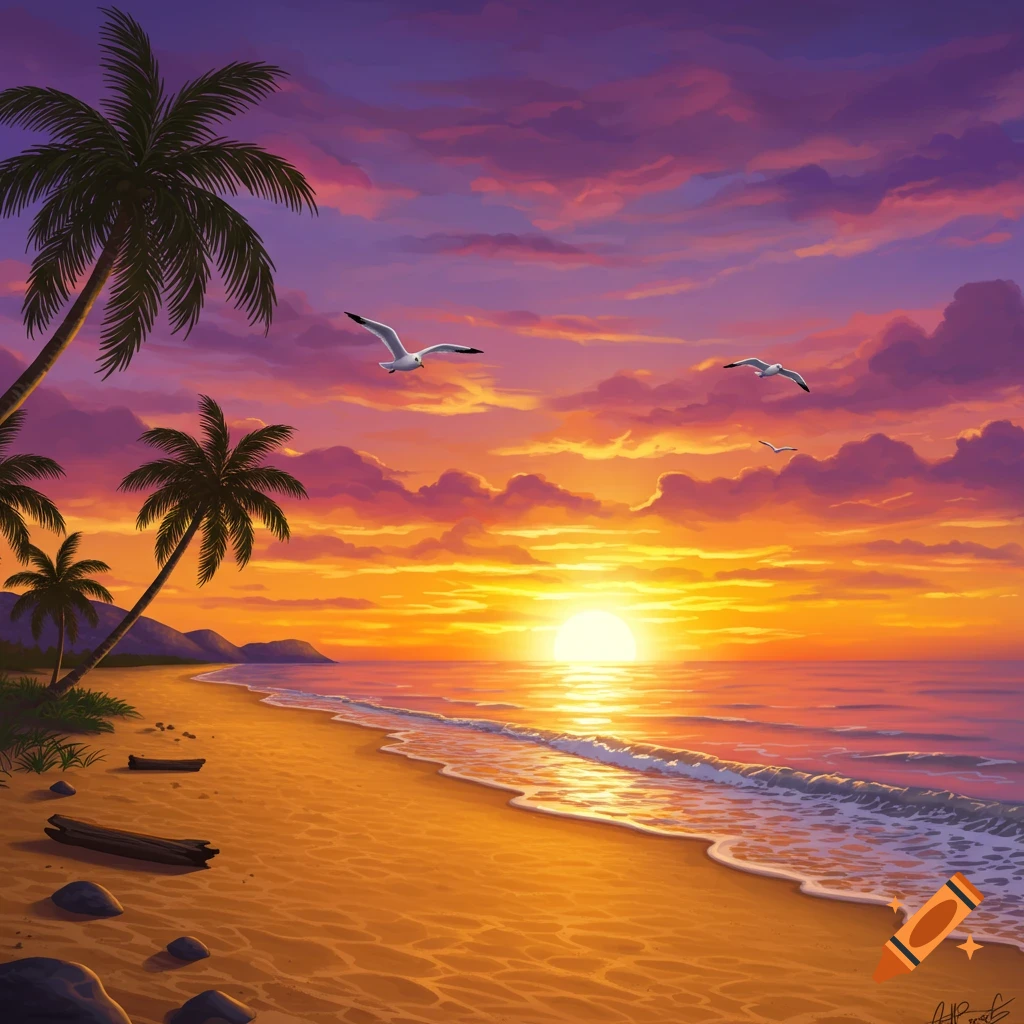A vibrant image of a tropical beach sunset with palm trees and seagulls flying.