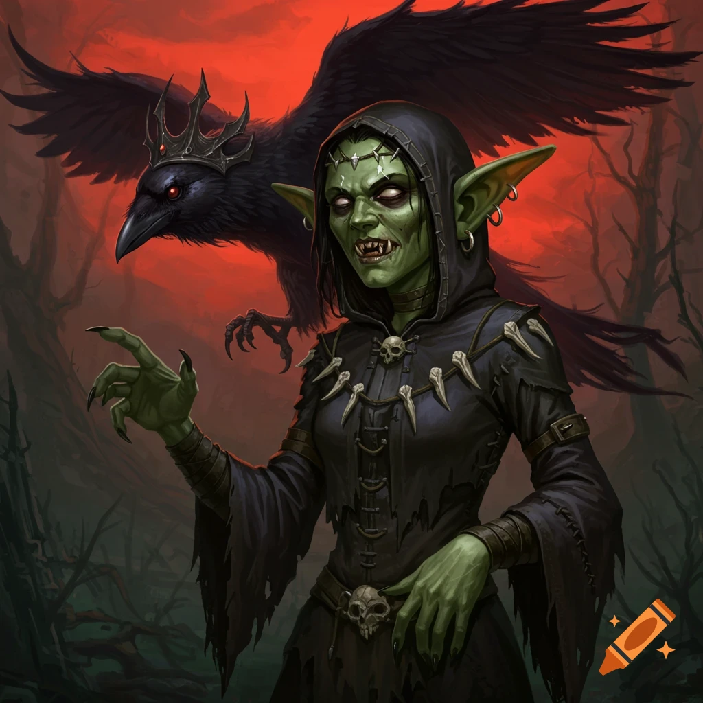 A green-skinned creature in a black hooded robe stands with a large crowned raven behind it in a dark forest.