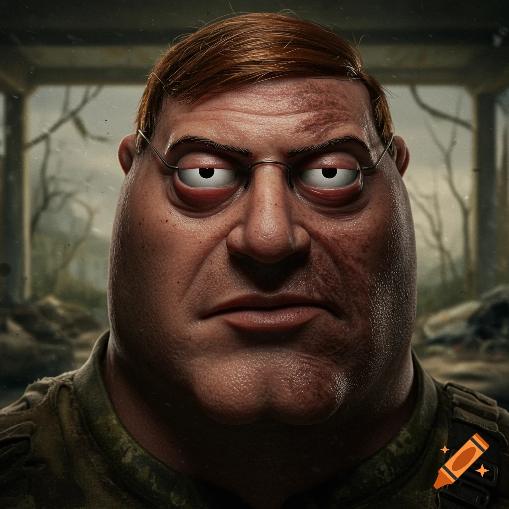 Hyper-realistic close-up portrait of Peter Griffin in a gritty, apocalyptic setting with half his face darkened.