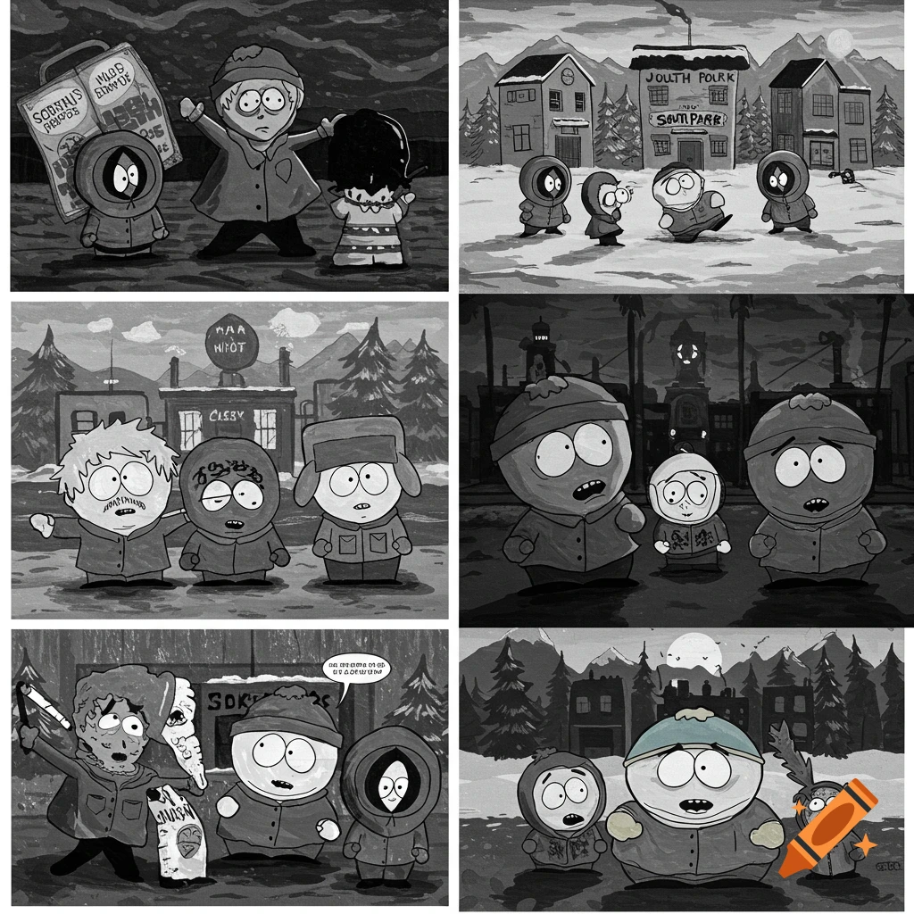 A grid of six black and white paintings featuring South Park characters in various scenes.