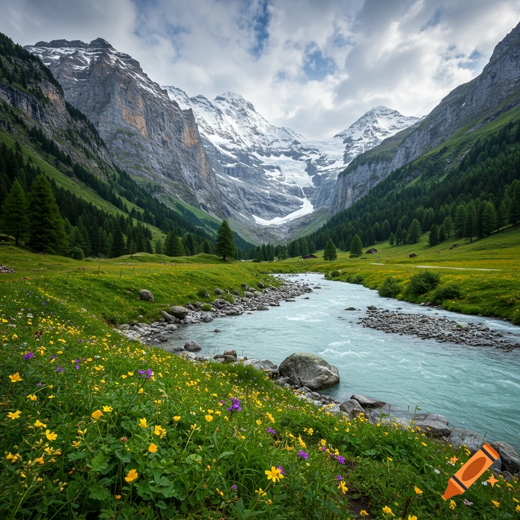 A scenic mountain valley with a river flowing through green meadows filled with wildflowers, leading to snow-capped peaks under a cloudy sky. Photorealistic style.