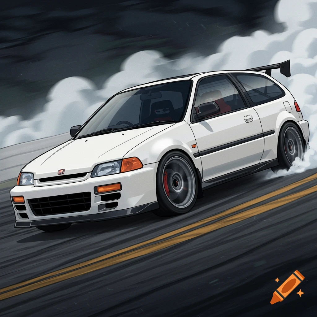 Cartoon illustration of a white Honda Civic hatchback car drifting on a road with smoke coming from the tires.