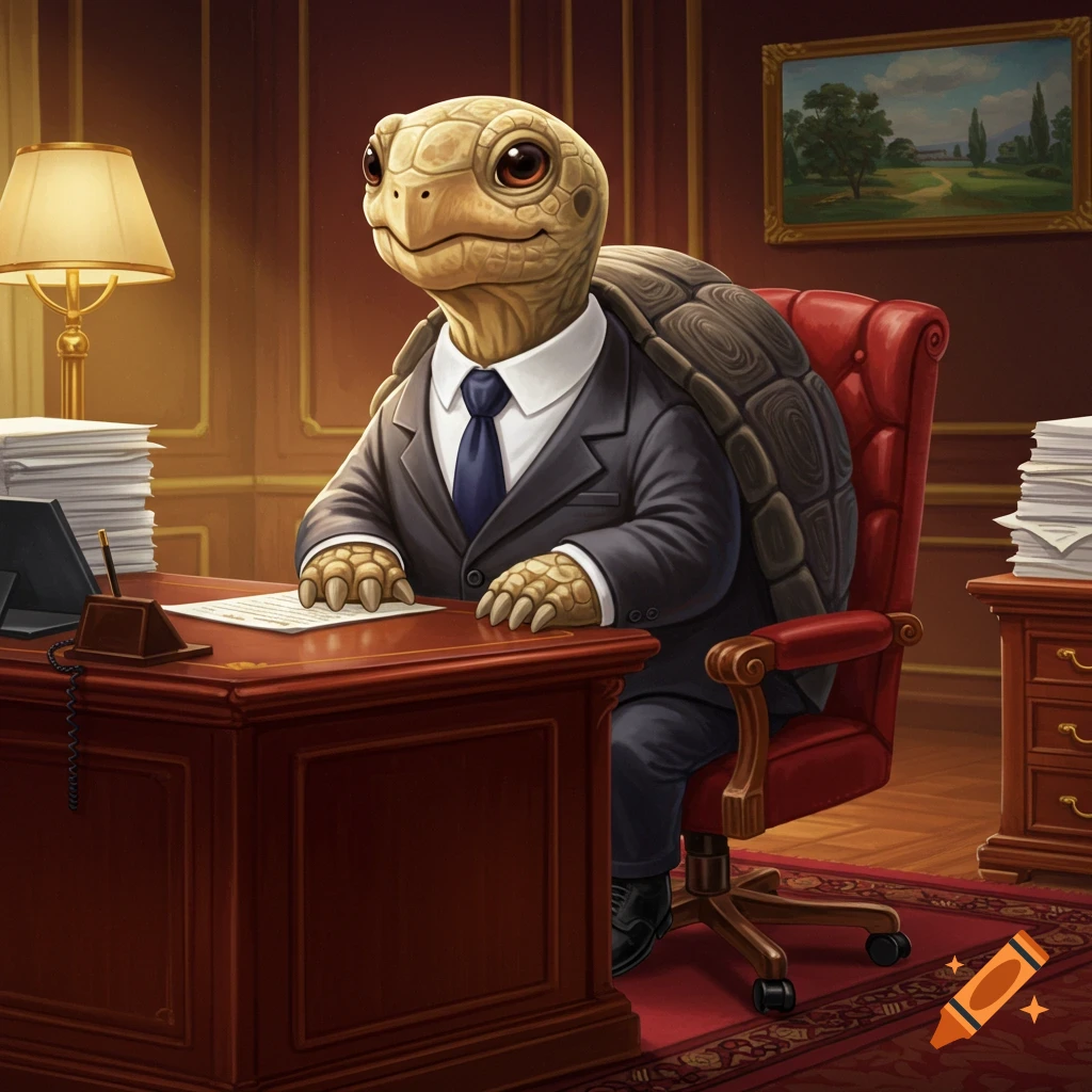 A cartoon tortoise in a suit sits at a desk in an office.