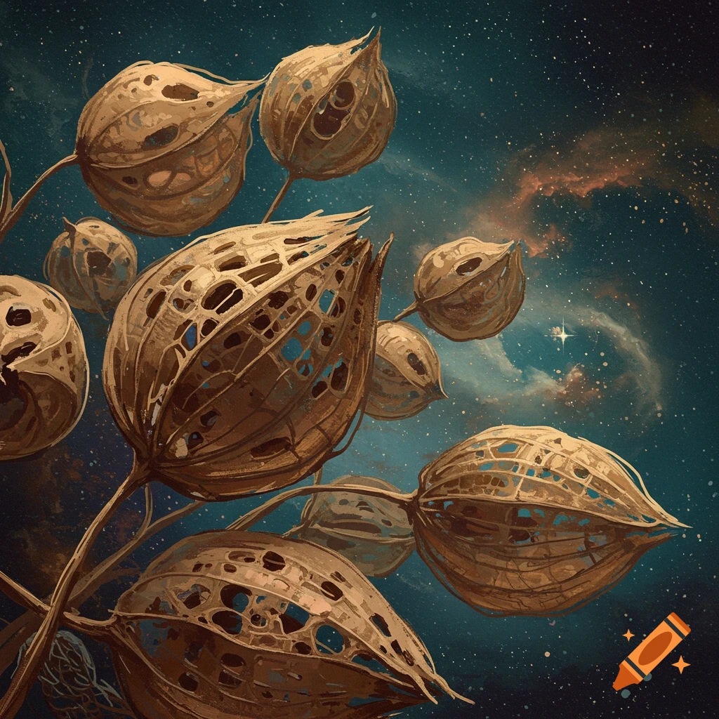 Stylized seed husks against a starry space background.
