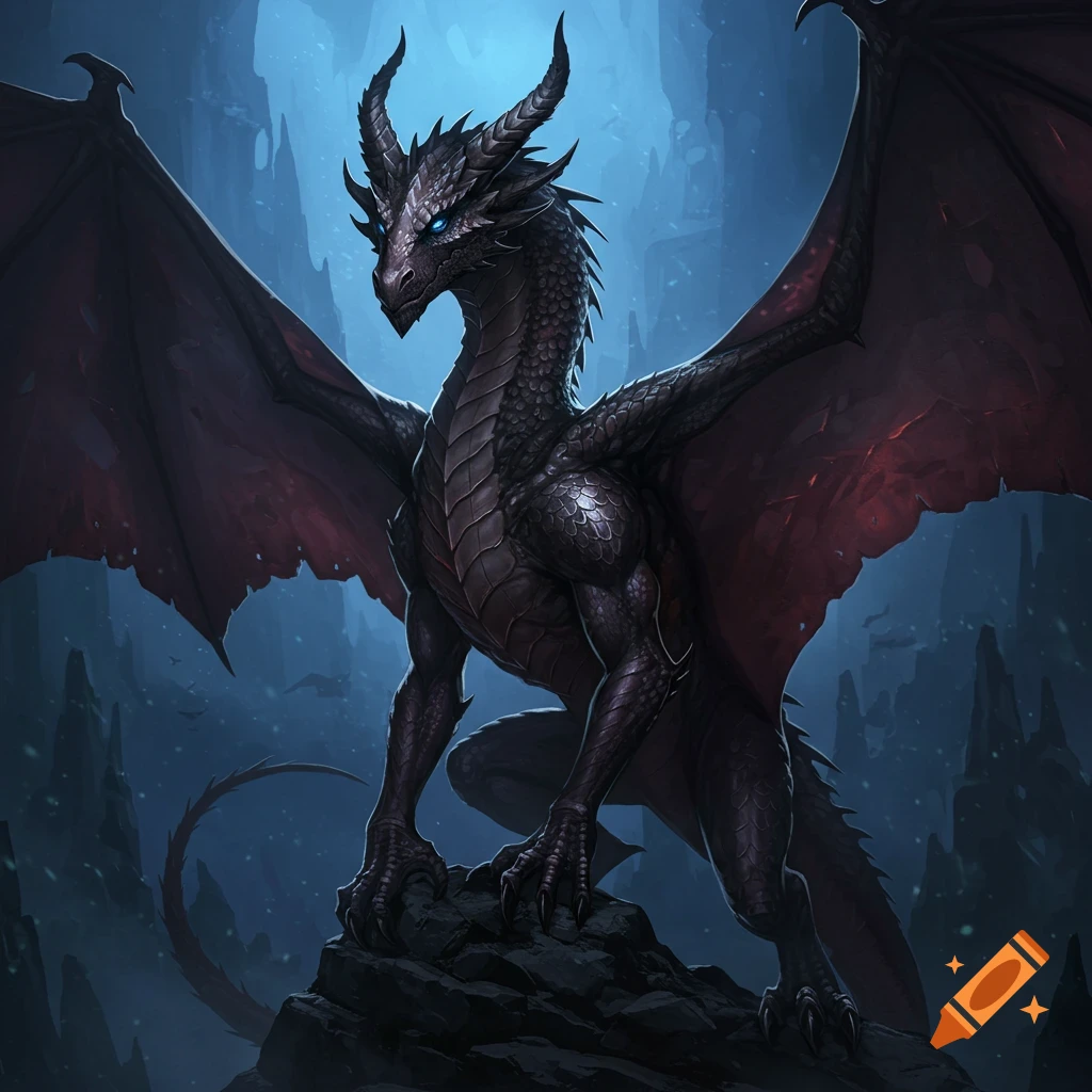 A dark fantasy dragon with blue eyes and large wings is perched on rocks in a cave.