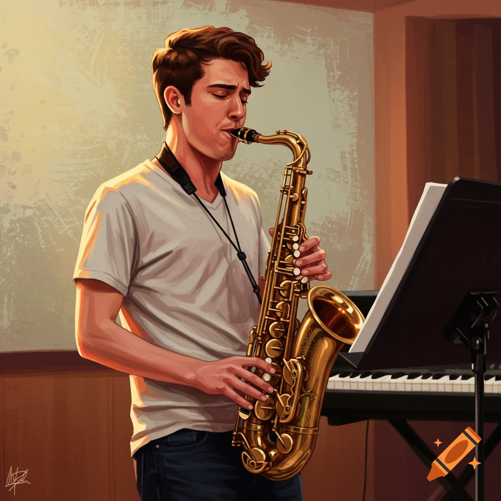 A man playing an alto saxophone in a studio