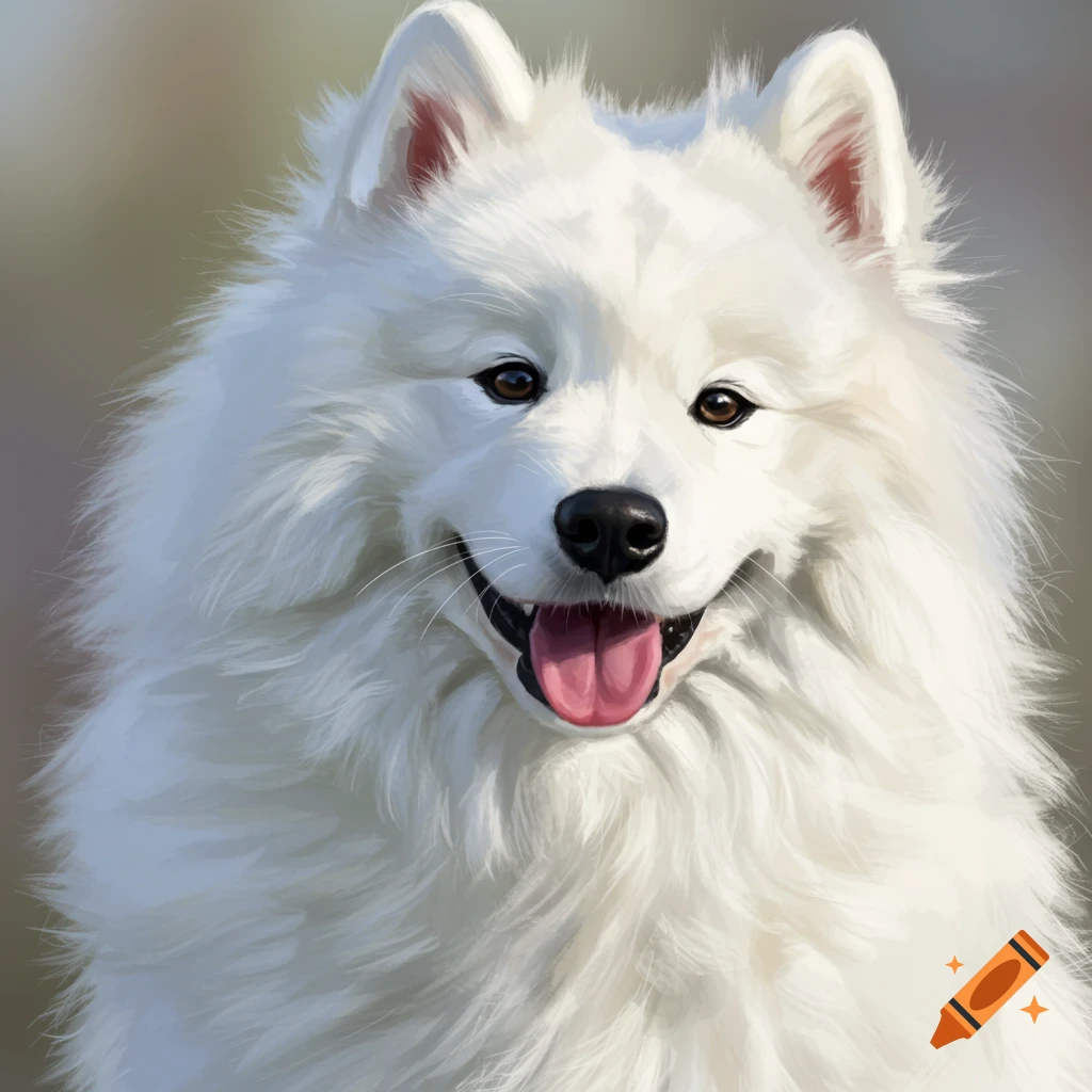 Fluffy white dog, possibly a Samoyed, looking forward with its tongue out slightly.