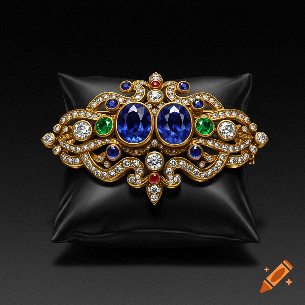 Ornate gold brooch with blue, green, red, and white jewels on a black pillow