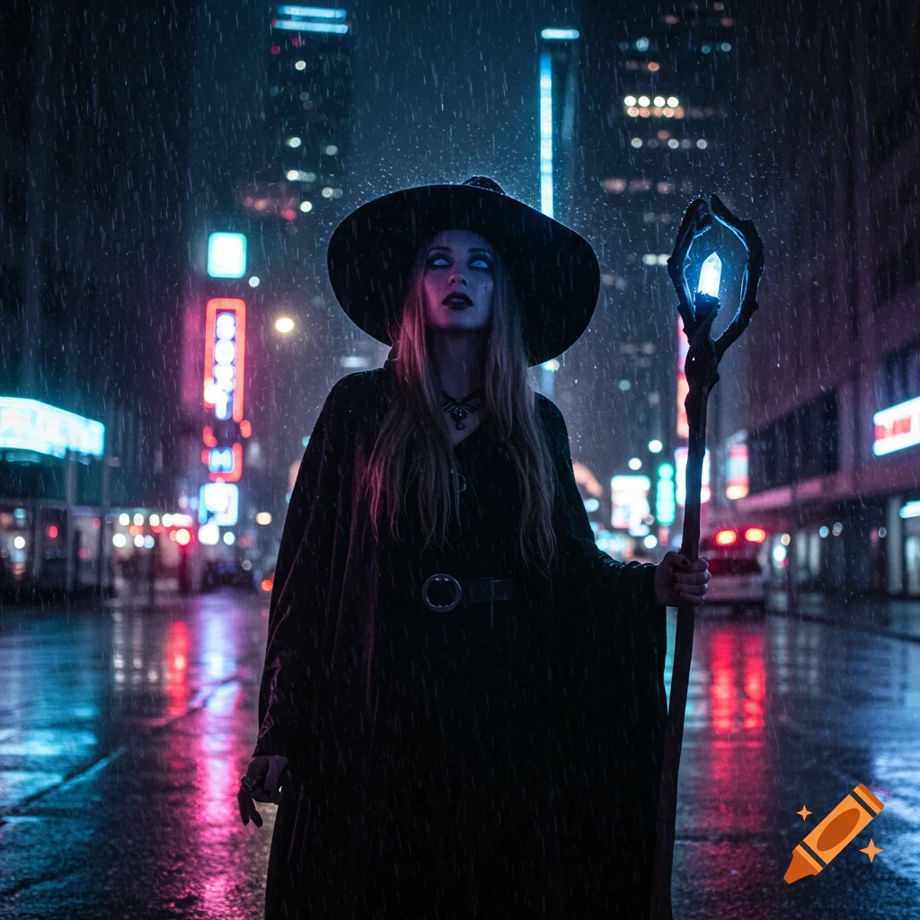 A mysterious witch stands in a rainy city street at night, holding a glowing staff.