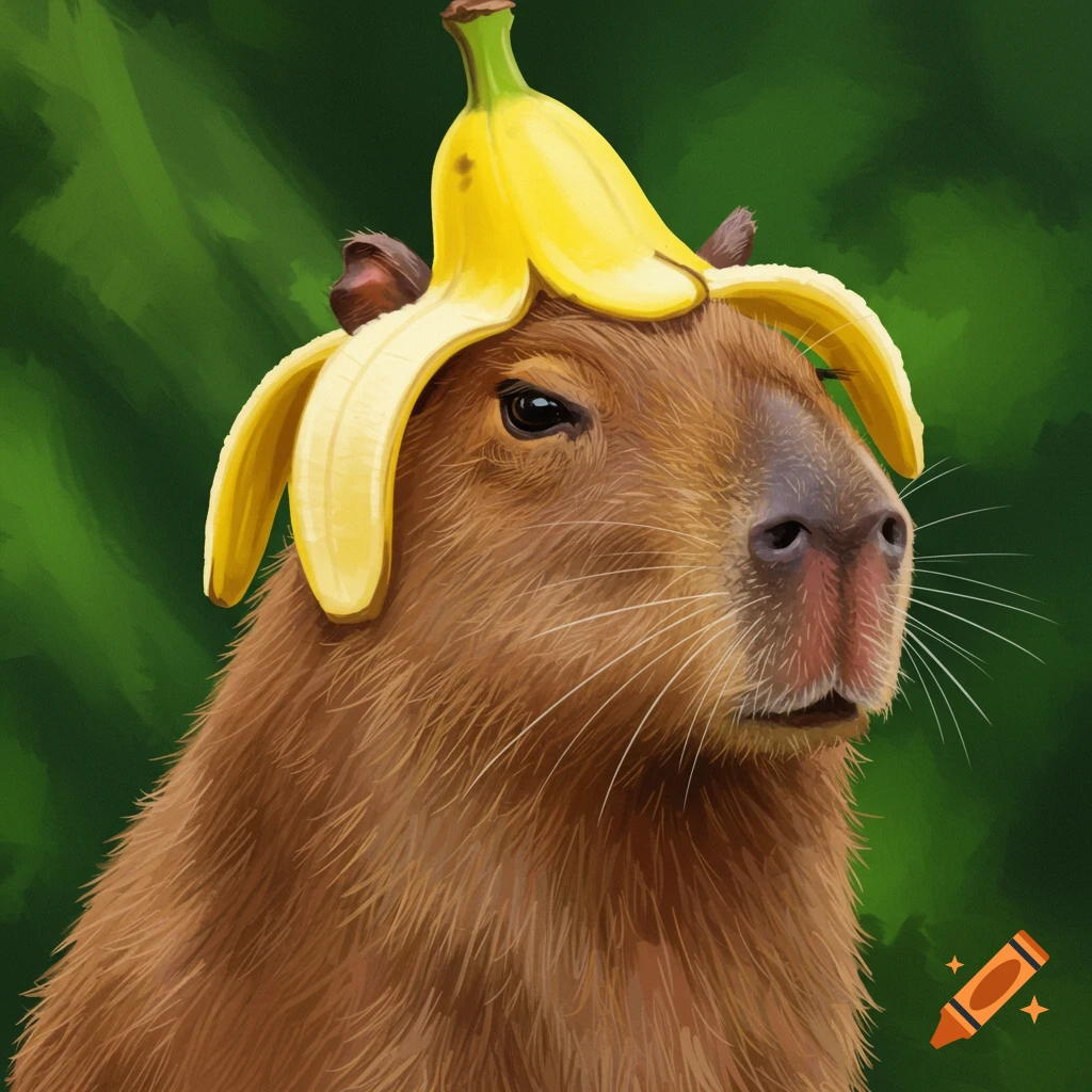 A capybara wearing a banana peel on its head.