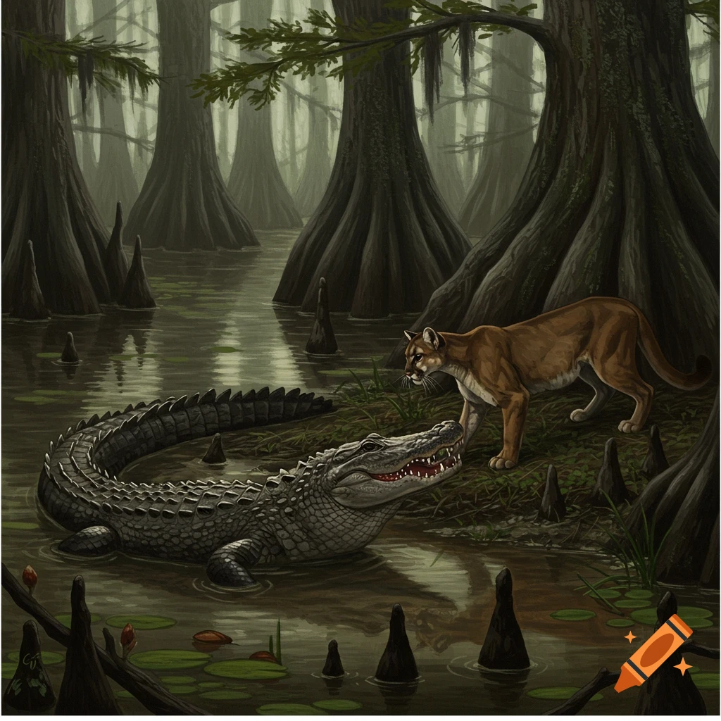 Alligator and cougar in a swamp