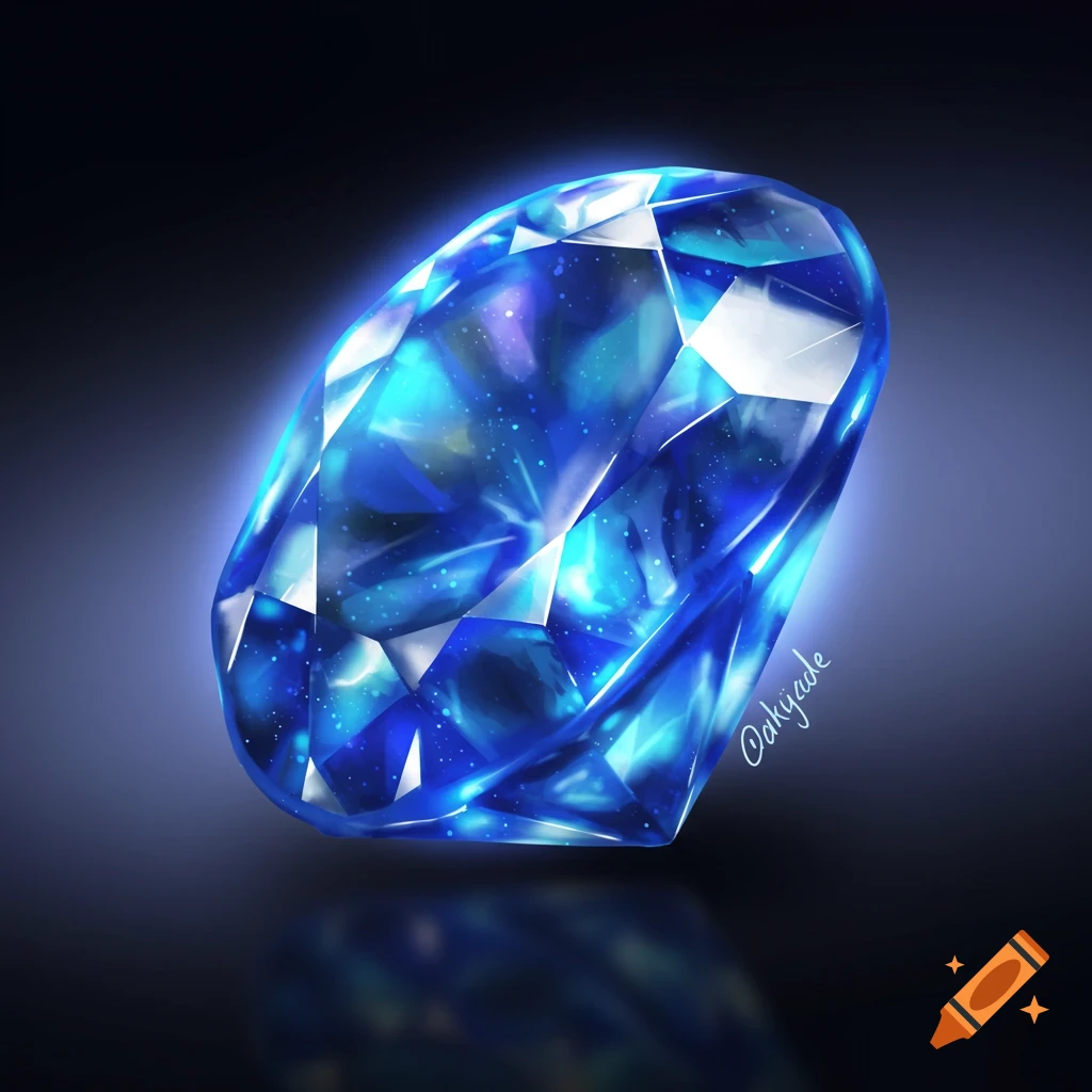 A close-up view of a large, glowing blue gemstone.