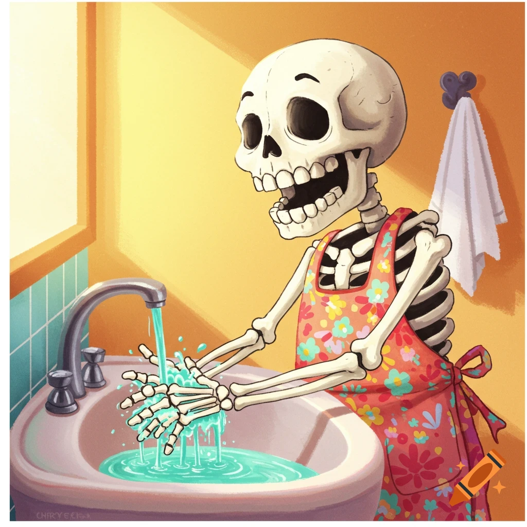 Cartoon skeleton wearing an apron washes hands in a bathroom sink.
