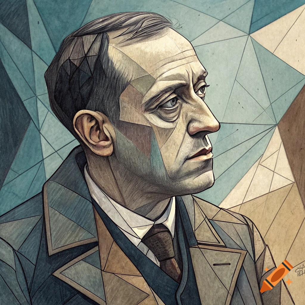 Cubist portrait of a distorted man in the style of Picasso, using muted colors and geometric shapes.