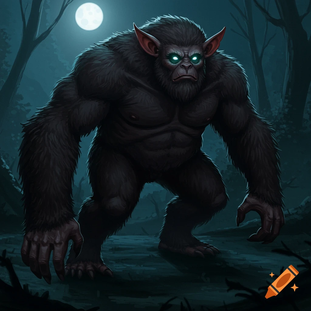 A large, furry creature with glowing eyes stands in a dark forest at night under a full moon.