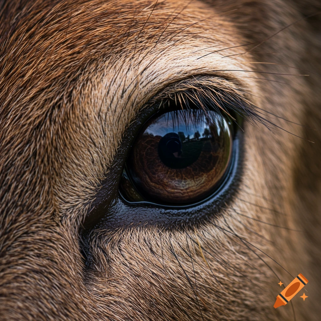 Extreme close-up photorealistic image of a brown deer eye