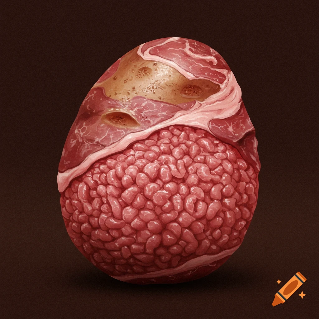 An egg-shaped object made of meat and fat.