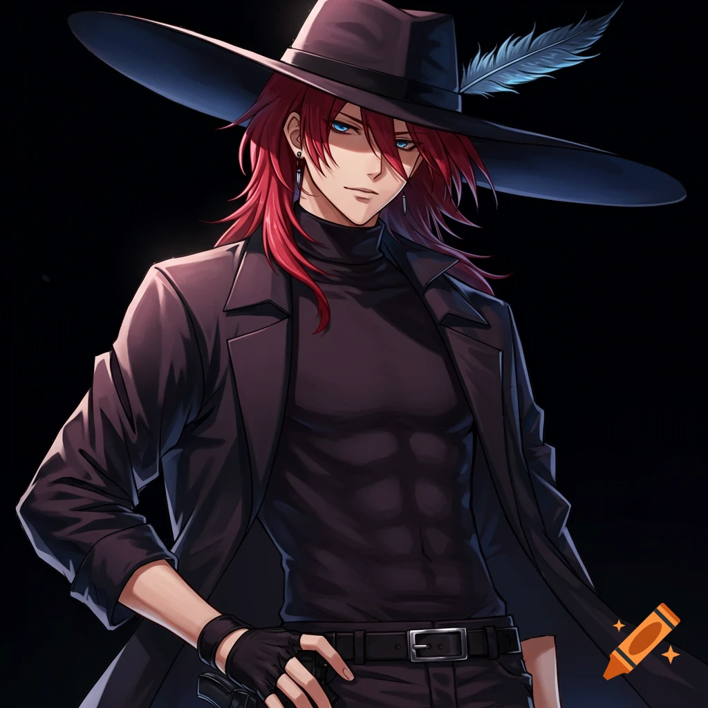 Anime portrait of a man with red hair, blue eyes, wearing a wide-brimmed hat and a black trench coat.