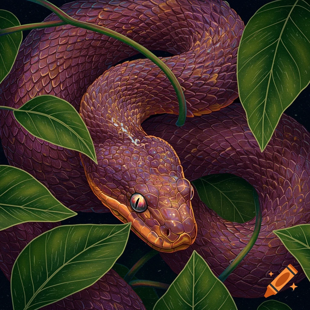 A purple snake wrapped in green leaves.