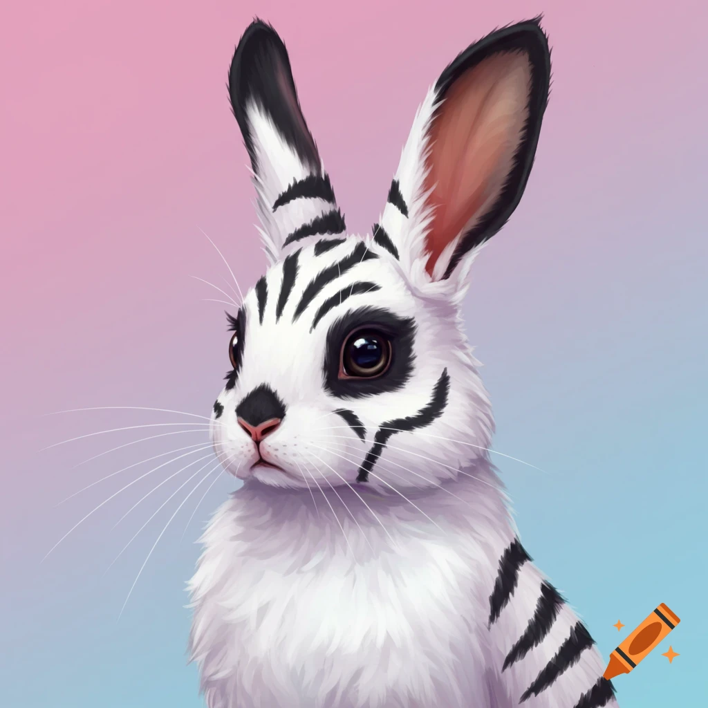 A white rabbit with black zebra stripes on its face, ears, and shoulder.