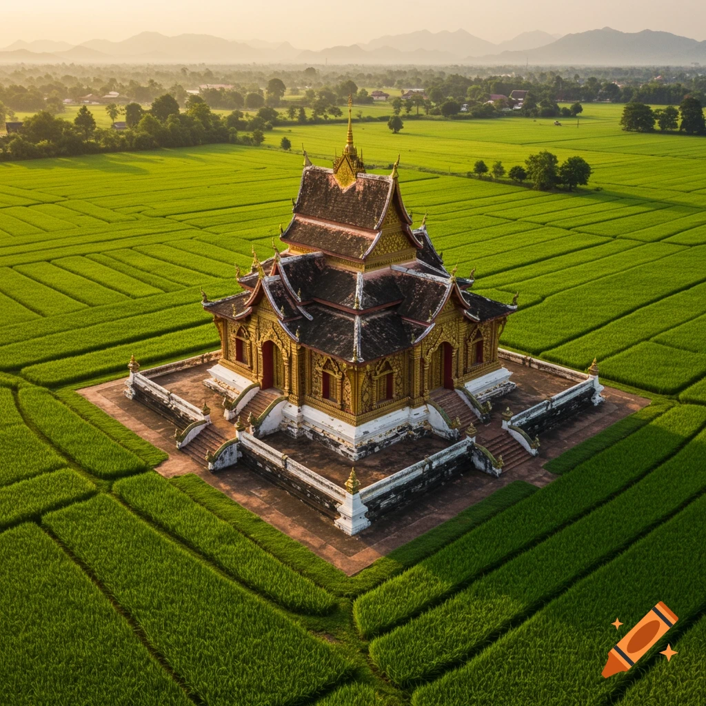 Aerial view of a golden Buddhist temple in a vast green field at sunset.
